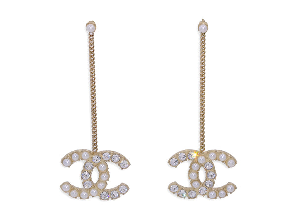 Chanel 20B CC Crystal and Pearl Drop Earrings