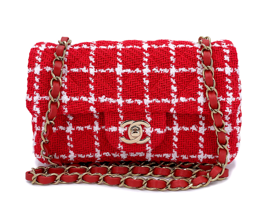 Chanel チェック柄バッグ レッド NIB Chanel 23C Red Tweed Checkered Rectangular Mini Flap Bag GHW