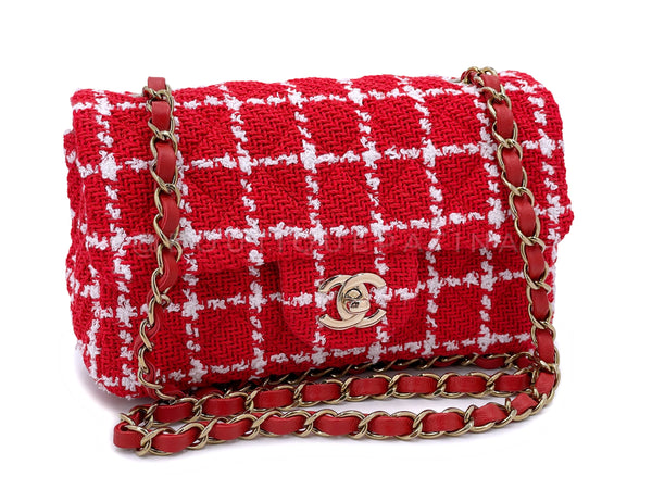 NIB Chanel 23C Red Tweed Checkered Rectangular Mini Flap Bag GHW