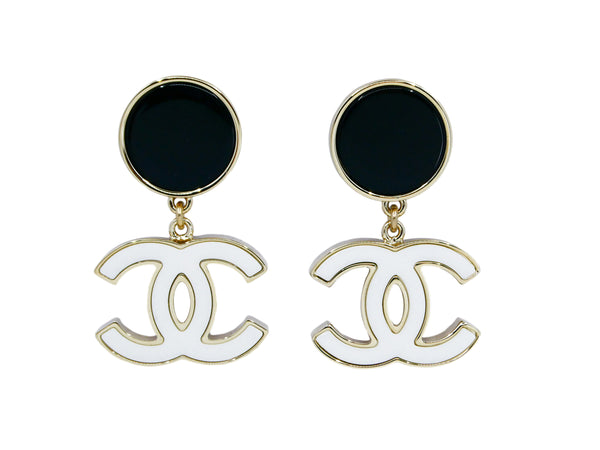NIB Chanel Iconic Large CC Logo Black Enamel Gold Tone Statement Stud  Earrings