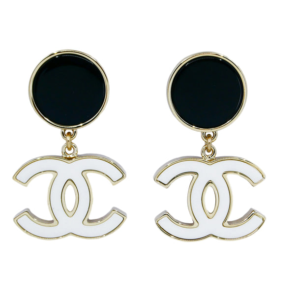 NIB Chanel 23C CC Logo Enamel Drop Earrings Black White