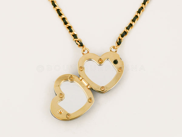 NIB Chanel 22K Black Leather Heart Mirror Locket Woven Chain Necklace