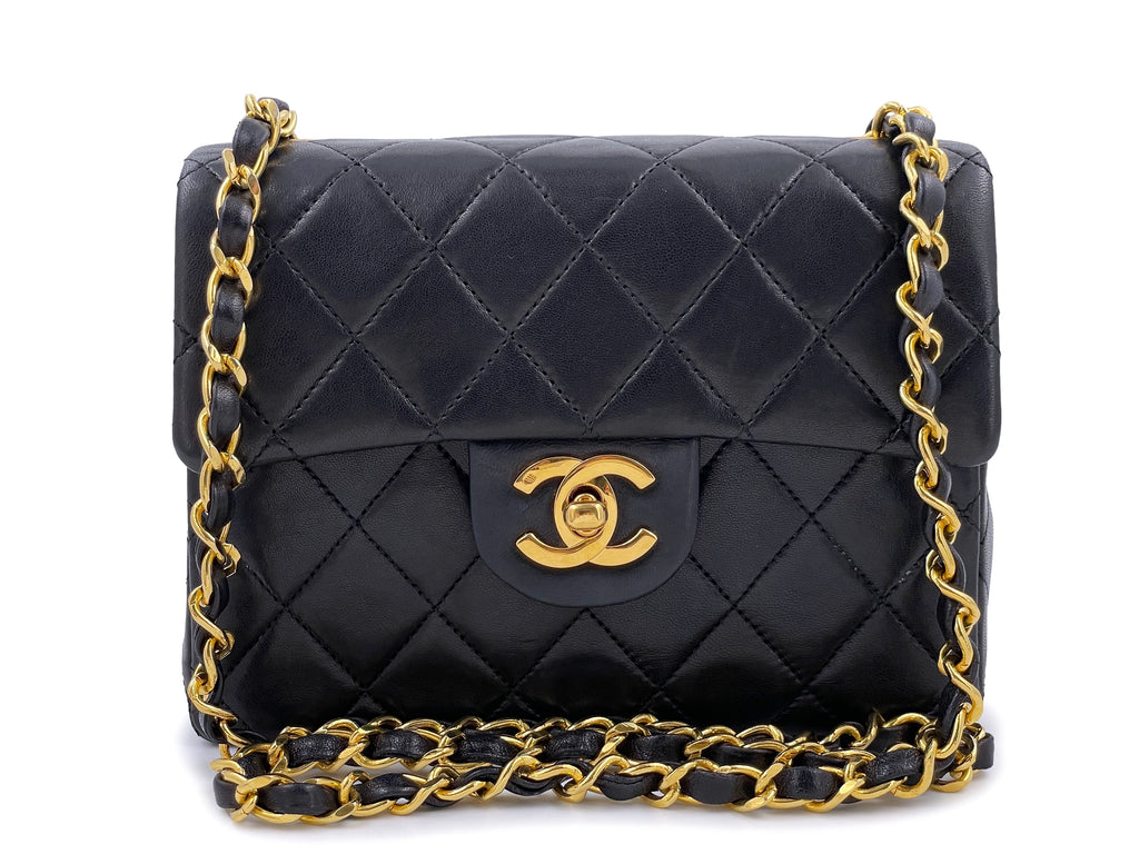 Chanel 1989 Vintage Black Square Mini Flap Bag 24k GHW Lambskin