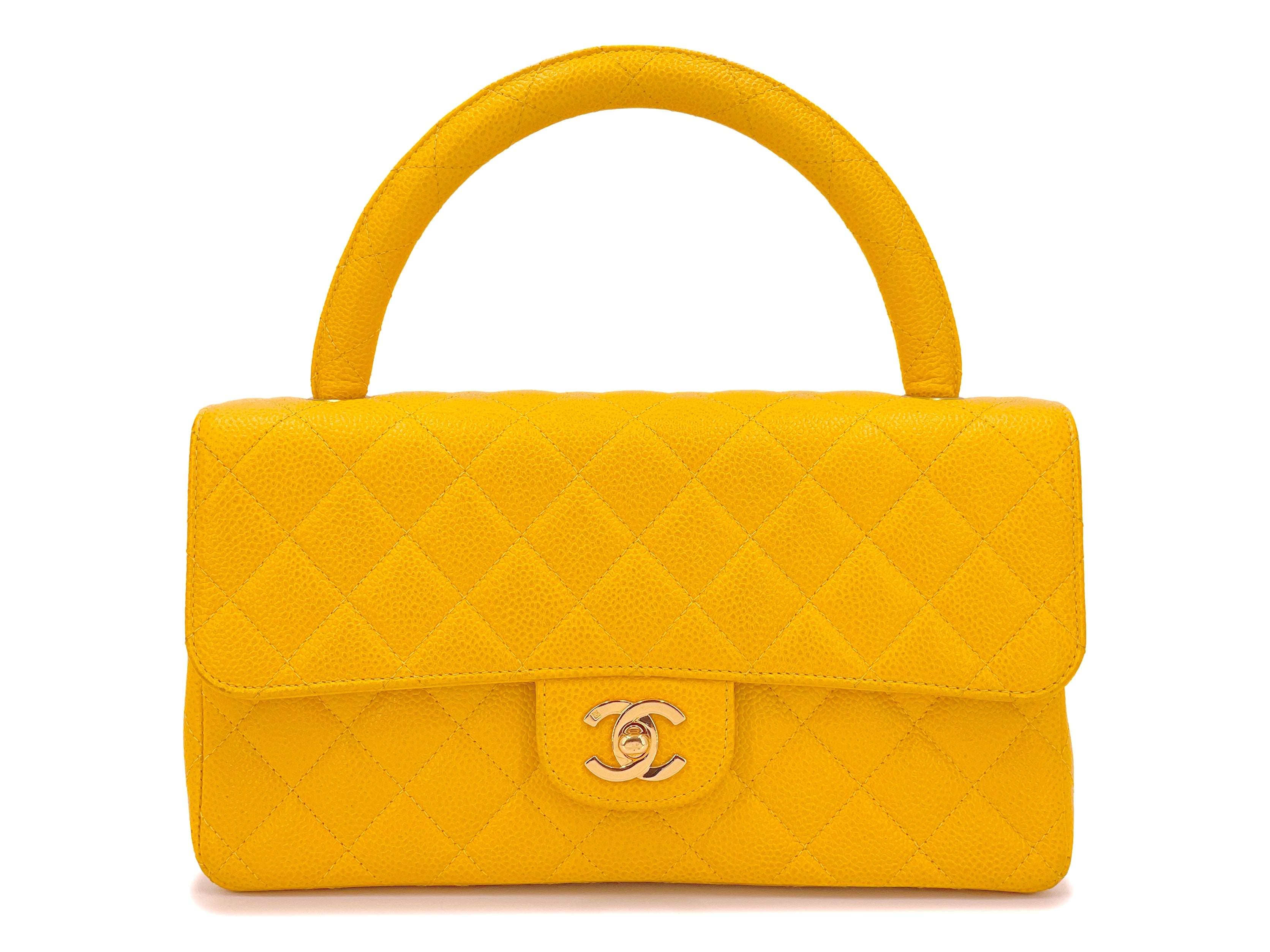 Chanel 1997 Vintage Canary Yellow Caviar Kelly Flap Parent Bag 24K GHW