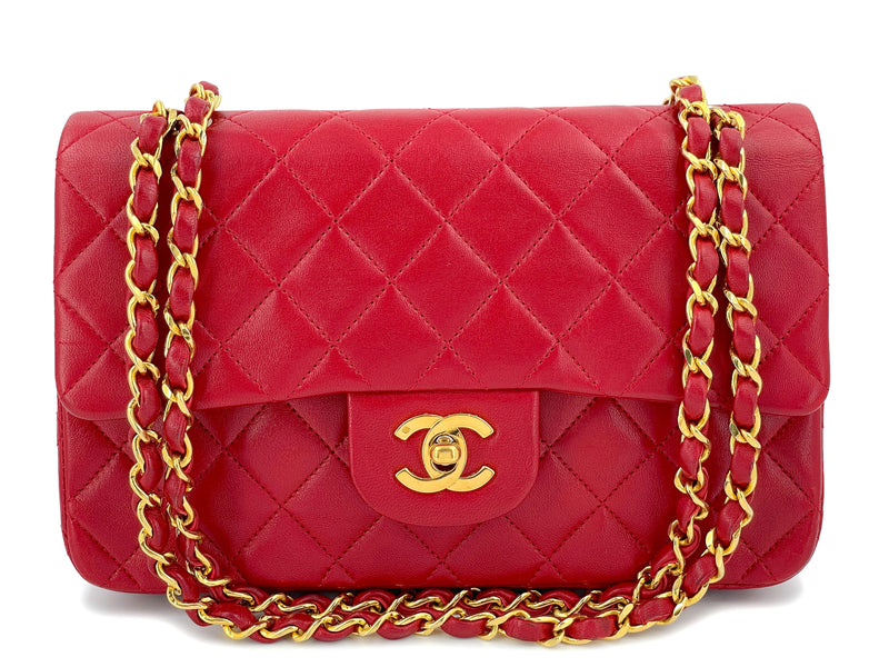 Chanel 1989 Vintage Red Small Classic Double Flap Bag 24k GHW Lambskin