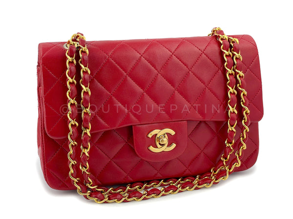 Chanel 1989 Vintage Red Small Classic Double Flap Bag 24k GHW Lambskin