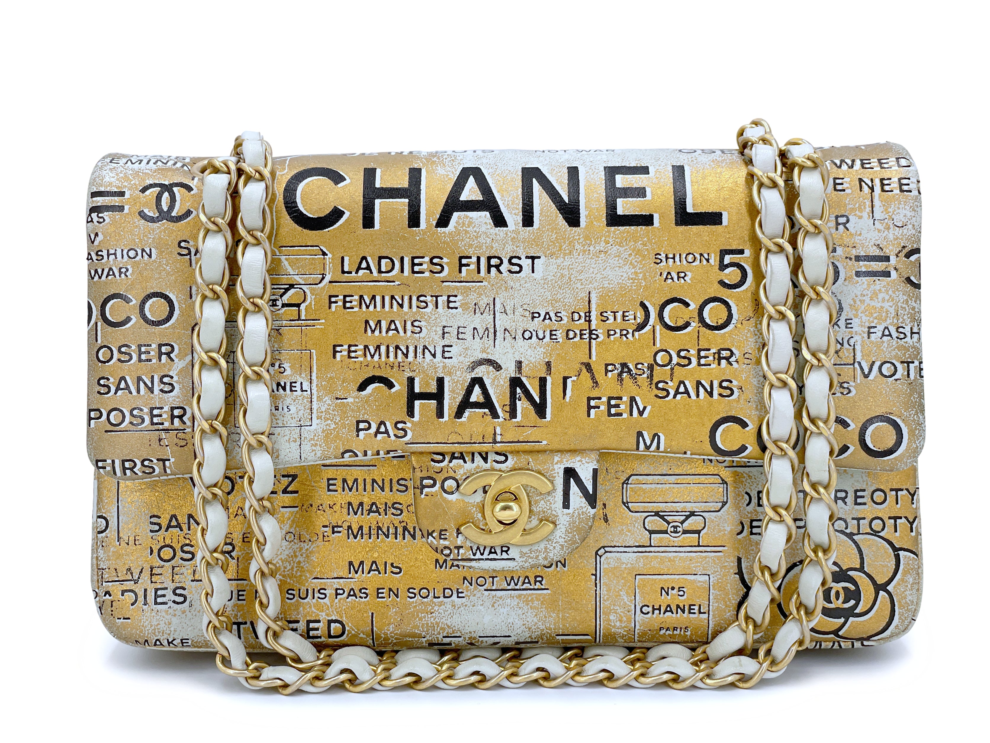 Chanel 2015 Graffiti Newspaper Medium Classic Double Flap Bag GHW Gold 66794