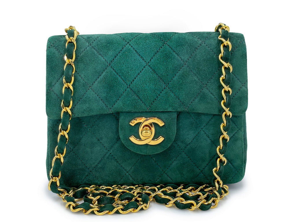 Chanel 1989 Vintage Emerald Green Suede Square Mini Flap Bag 24k
