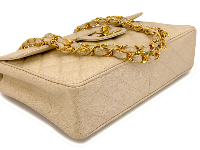 Chanel Beige Quilted Caviar Leather Single Flap Jumbo Bag at the best price