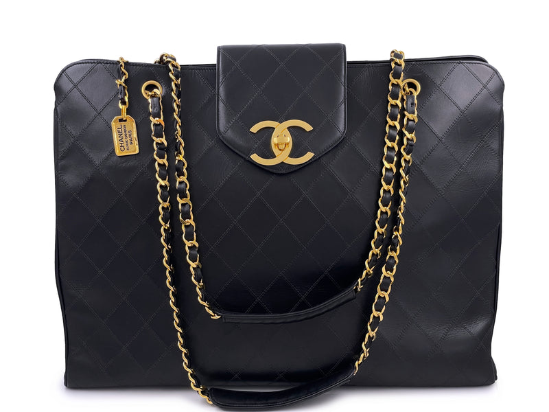 Chanel 1991 Vintage Black Quilted Supermodel Weekender Tote Bag 24k GHW