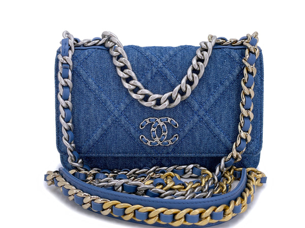 CHANEL Denim Quilted Chanel 19 Wallet On Chain WOC Blue 1313702