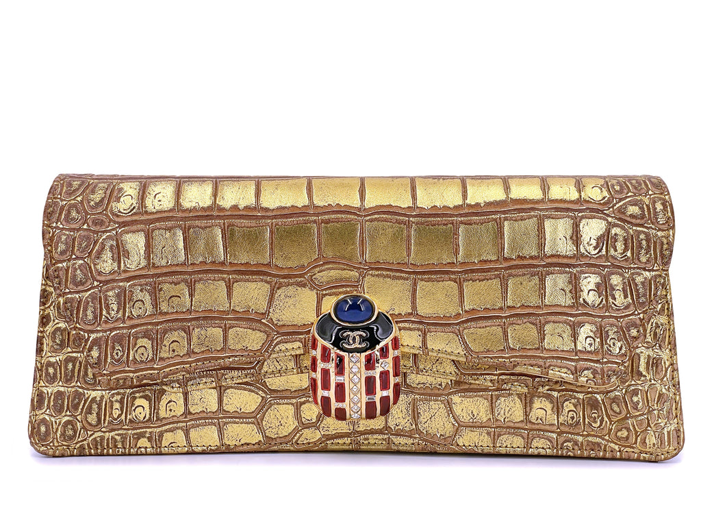 Rare Chanel 19A Crocodile Embossed Gold Jeweled Scarab Clutch