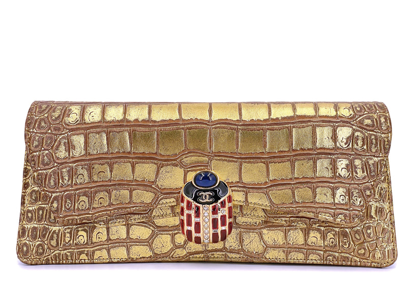 Rare Chanel 19A Crocodile Embossed Gold Jeweled Scarab Clutch Bag