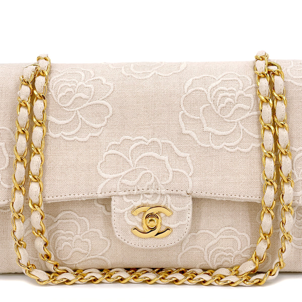 Chanel 1997 Cream White Linen Camellia Medium Double Flap Bag 24k GHW –  Boutique Patina