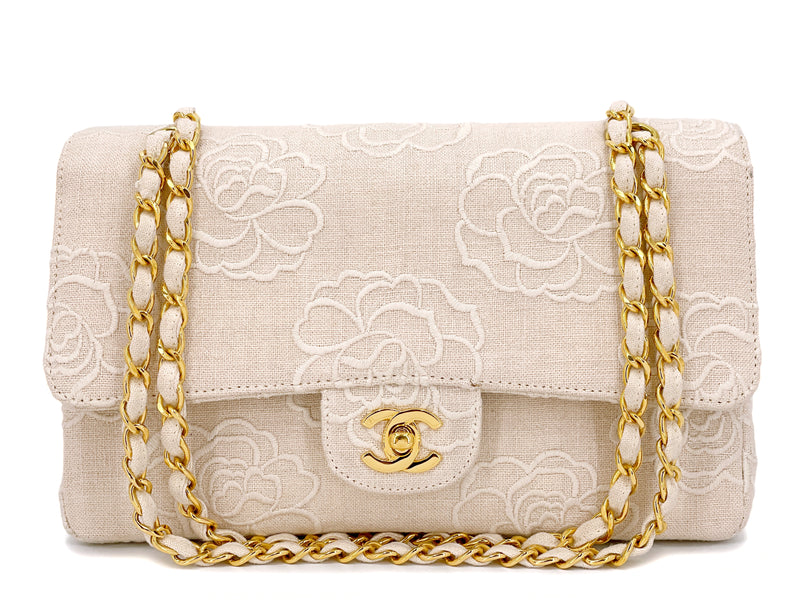Chanel 1997 Cream White Linen Camellia Medium Double Flap Bag 24k