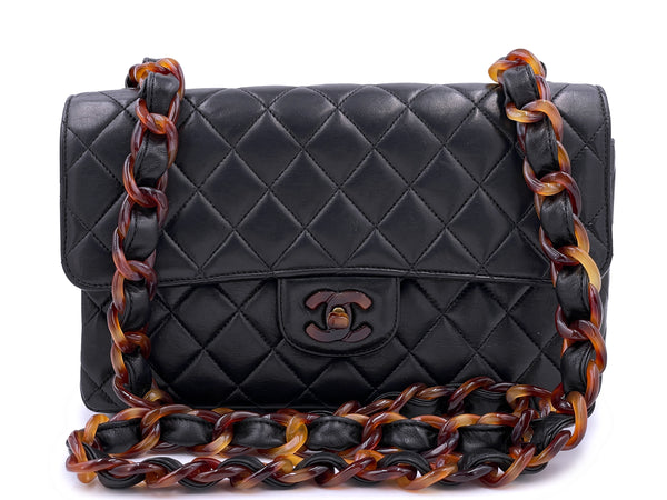 Chanel 1994 Vintage Black Tortoise Resin Medium Classic Flap Bag Lambskin