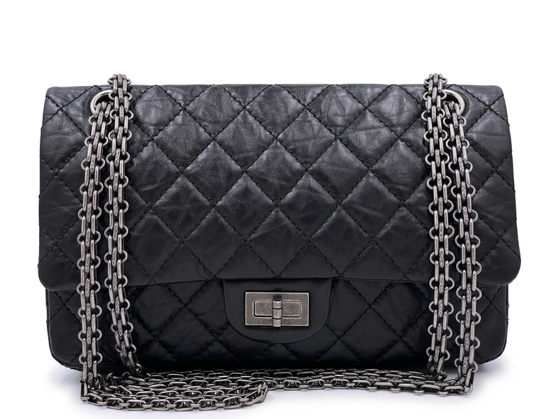 CHANEL 2.55 HANDBAG - REISSUE IN BLACK CAVIAR LEATHER AND RUTHINEUM  HARDWARE (SIZE 225) 