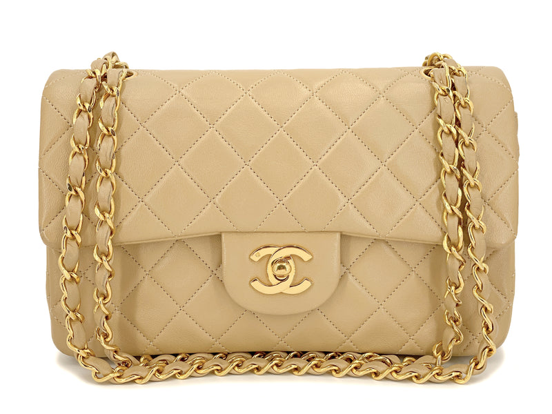 Chanel Timeless Classic Medium Double Flap Bag In Beige Quilted Lambskin  And 24K Gold-Plated Hardware