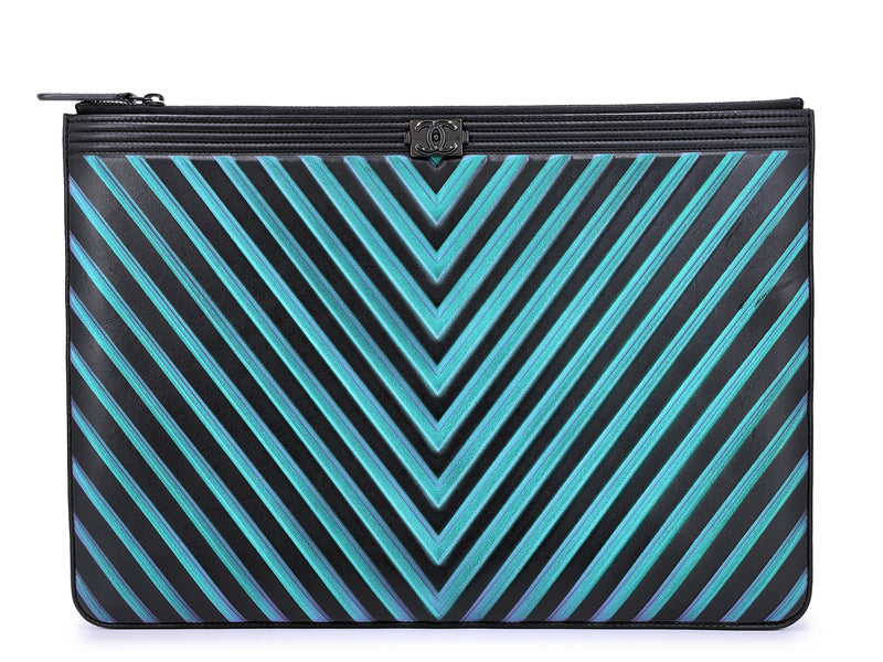 Chanel 2017 So Black Chevron Boy Mermaid Turquoise Violet O Case Clutch Bag