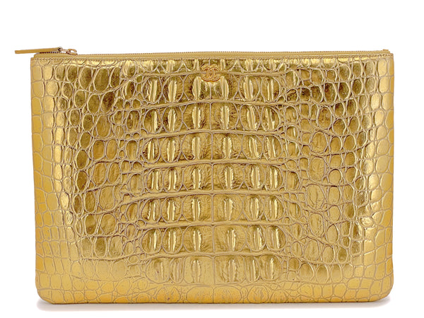 Chanel 19A Egyptian Collection Gold Crocodile Print O Case Clutch Large