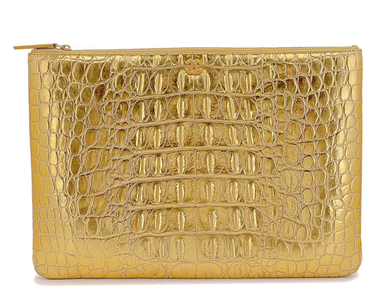 Chanel 19A Egyptian Collection Gold Crocodile Print O Case Clutch