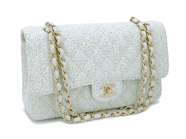 Chanel 2004 Vintage Pale Green Boucle Tweed Medium Classic Double Flap Bag GHW