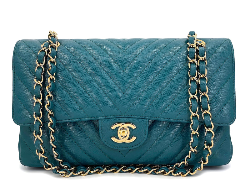 Chanel Teal Green Chevron Caviar Medium Classic Double Flap Bag GHW –  Boutique Patina