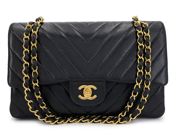 Chanel 1991 Vintage Black Chevron Medium Classic Double Flap Bag 24k GHW