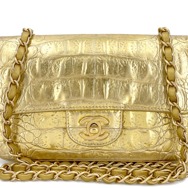 Chanel 19A Egyptian Gold Crocodile Print Rectangular Mini Flap