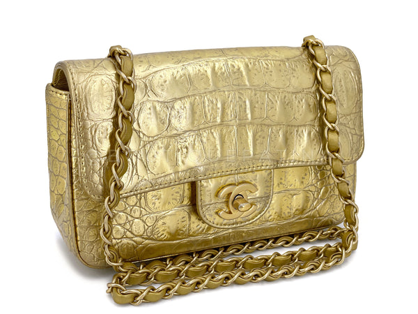 CHANEL 19A Gold Croc Embossed Calfskin Small Classic Double Flap