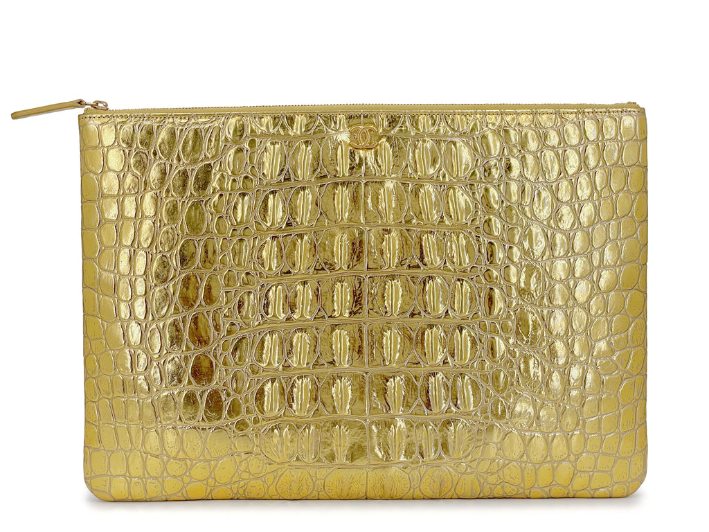 Chanel 19A Egyptian Collection Gold Crocodile Print O Case Clutch