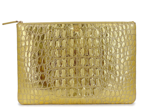 NIB 19A Chanel Gold Crocodile Embossed Limited Evening Clutch Bag