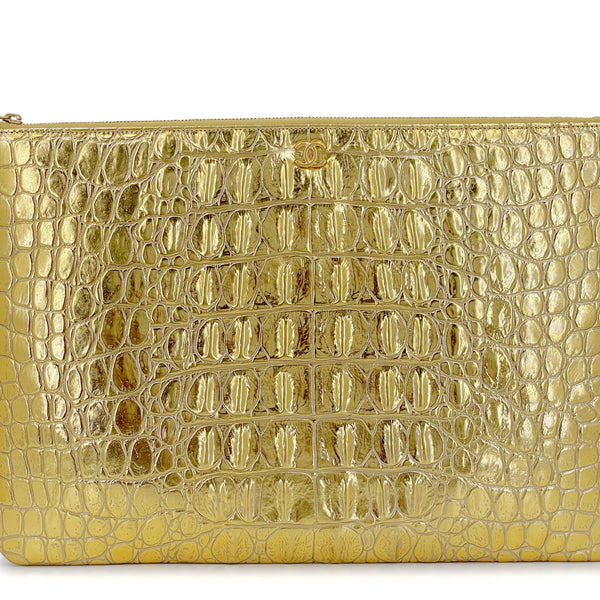 Chanel 19A Ancient Egypt Gold Crocodile Embossed Jewelled Scarab Clutch Bag | Dearluxe