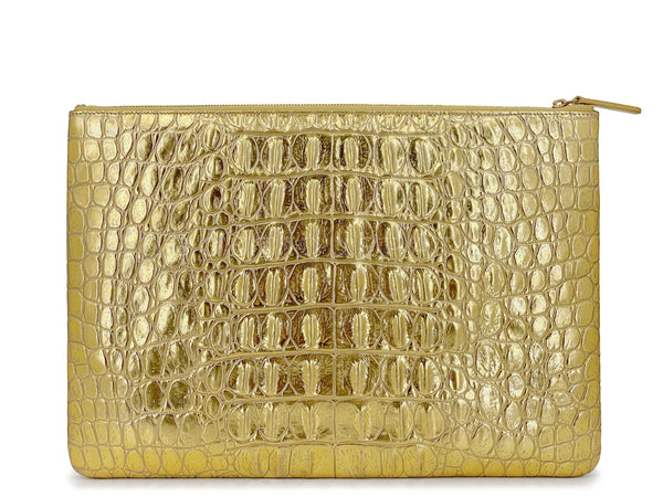 Chanel 19A Egyptian Collection Gold Crocodile Print O Case Clutch Bag Large
