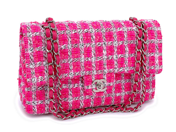 Chanel Pink Tweed Medium Classic Double Flap Bag SHW