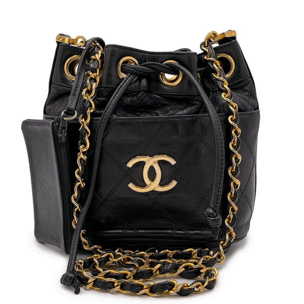 Chanel 1992 Vintage Small Drawstring Bucket Bag Black Lambskin 24k