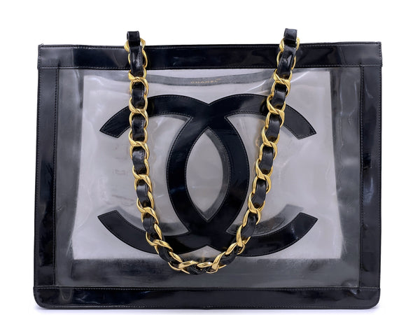 Chanel 1995 Vintage "Barbie" Clear Black Patent PVC Chunky Chain Tote Bag 24k GHW
