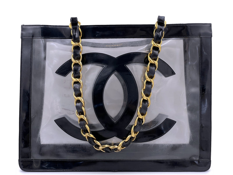 CHANEL black patent & clear PVCS LOGO SHOPPING TOTE Bag