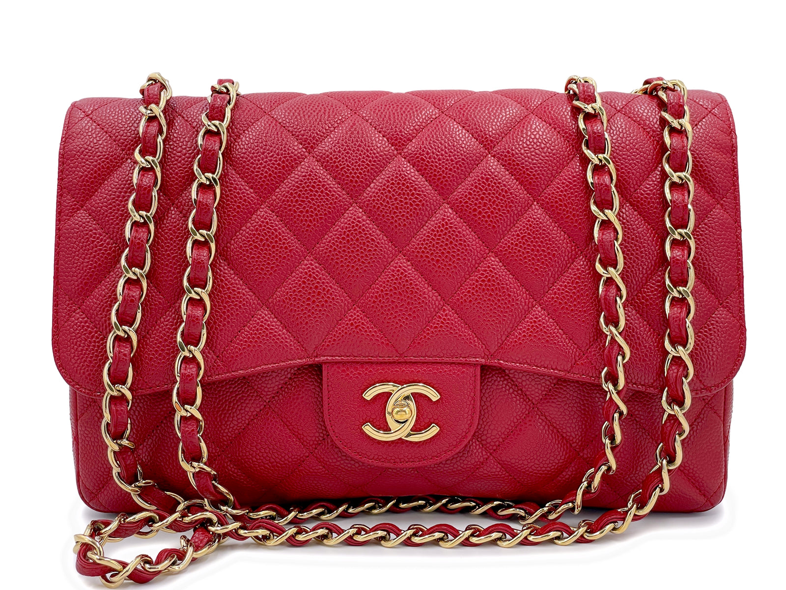 ♡美品♡ CHANEL デカココ カンボン ハンドバッグ キャビアスキン 赤 Chanel 2009 Red Caviar Jumbo Classic Flap Bag GHW Single