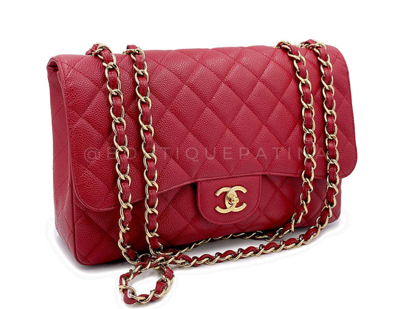 Chanel 2009 Red Caviar Jumbo Classic Flap Bag GHW Single
