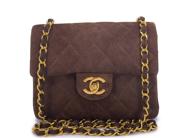 Chanel 1989 Vintage Chocolate Brown Suede Square Mini Flap Bag 24k GHW