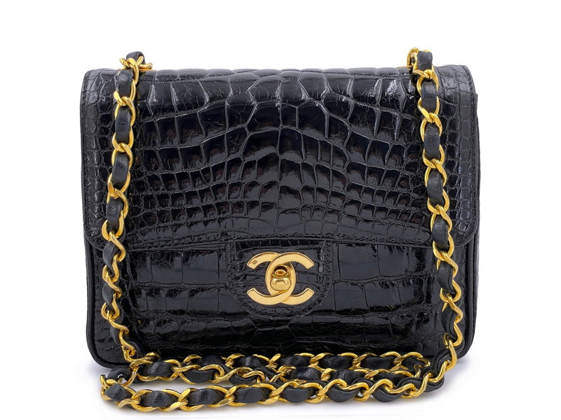 Chanel 1987 Vintage Black Alligator Crocodile Square Mini Flap Bag 24k GHW