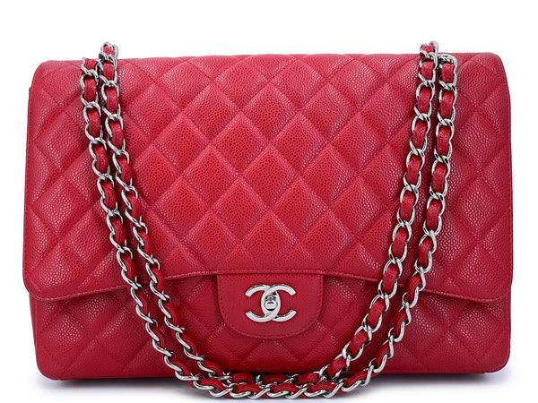 Chanel Red Caviar Maxi Classic Single Flap Bag SHW