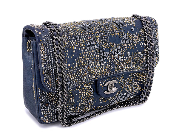 Chanel 16A Strass Crystal Buonasera Goatskin Medium Classic Flap Bag RHW Blue