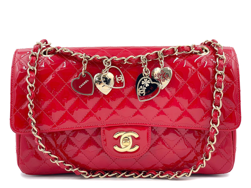 Pristine Chanel Red Patent Valentines Heart Charm Medium Classic Flap Bag