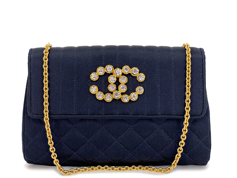Rare Chanel Vintage 1991 Navy Blue Crystal CC Evening Flap Bag