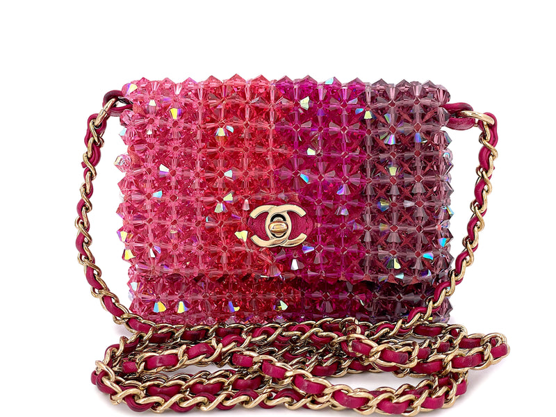 Chanel Pink Crystal Iridescent Rainbow Micro Mini Crossbody Flap Bag