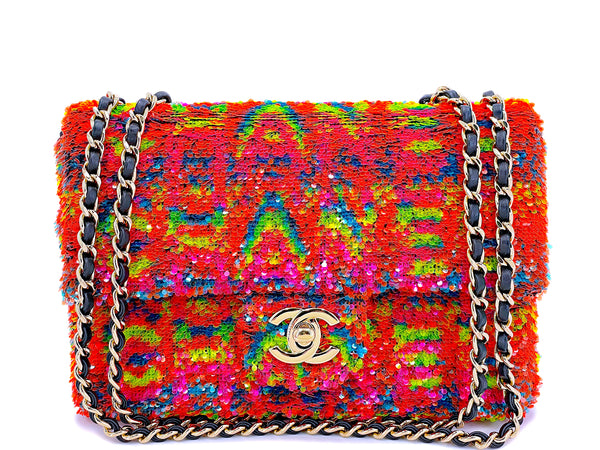 Chanel 2021 Iconic Rainbow Letter Sequin Orange Rectangular Mini Flap Bag GHW