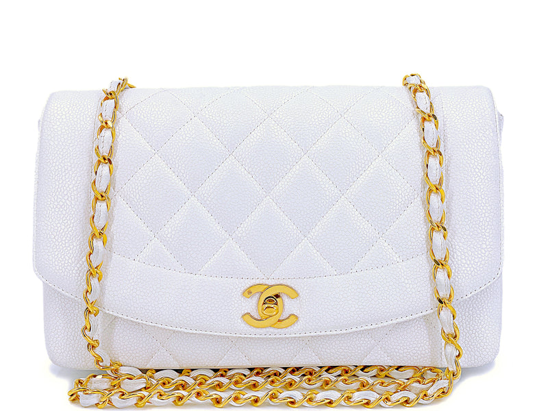 Chanel Vintage 1992 White Caviar Medium Diana Flap Bag 24k GHW