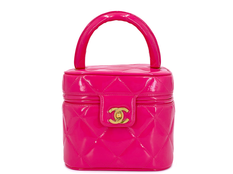 Chanel 1995 Vintage "Barbie" Pink Patent Heart-Mirror Vanity Case Bag